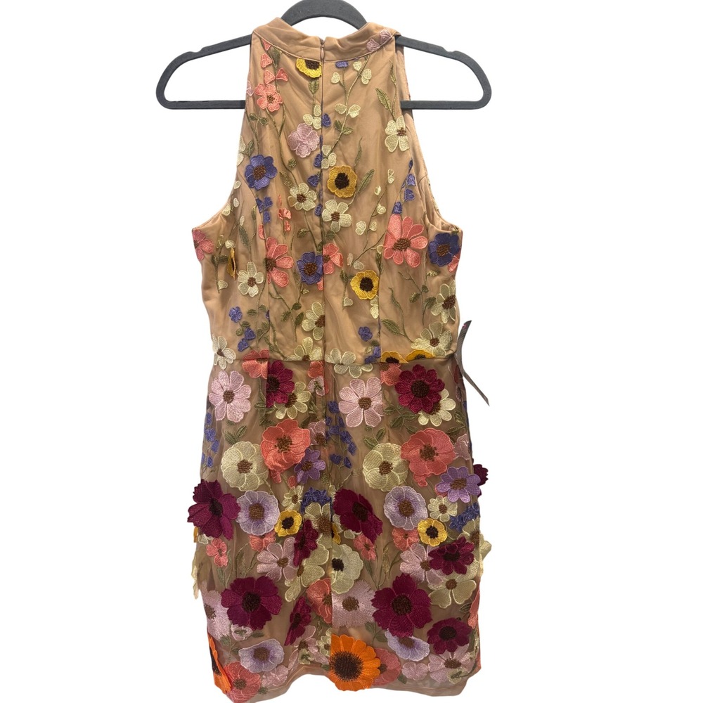 Bebe Mock Neck Sleeveless Statement Dress Nude Multi 3D Floral Embroidered L - Picture 3 of 9
